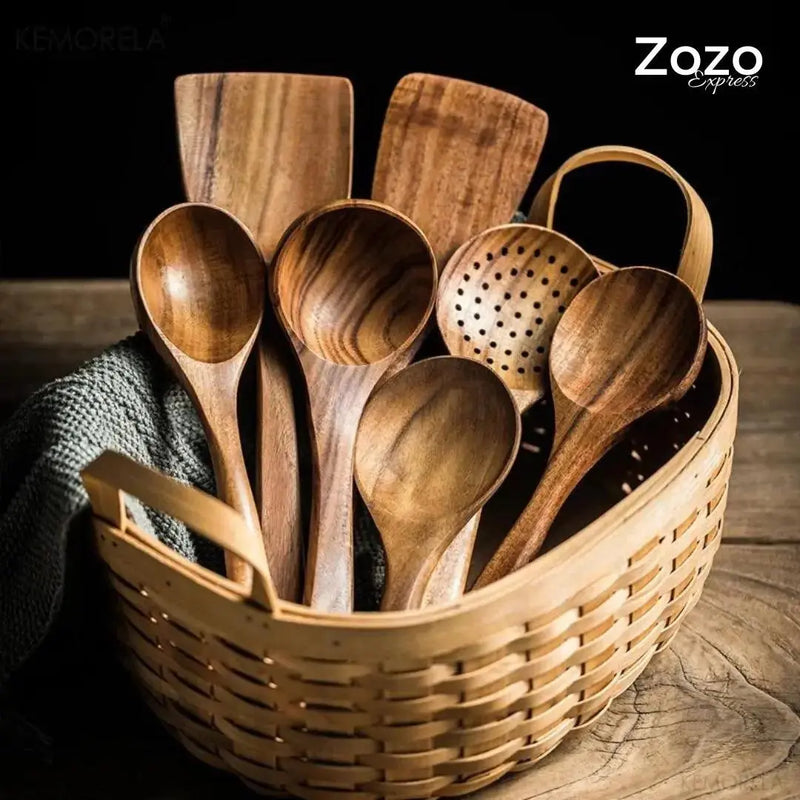 Utensílios de Cozinha de Madeira de Teca Natural - Zozo Express